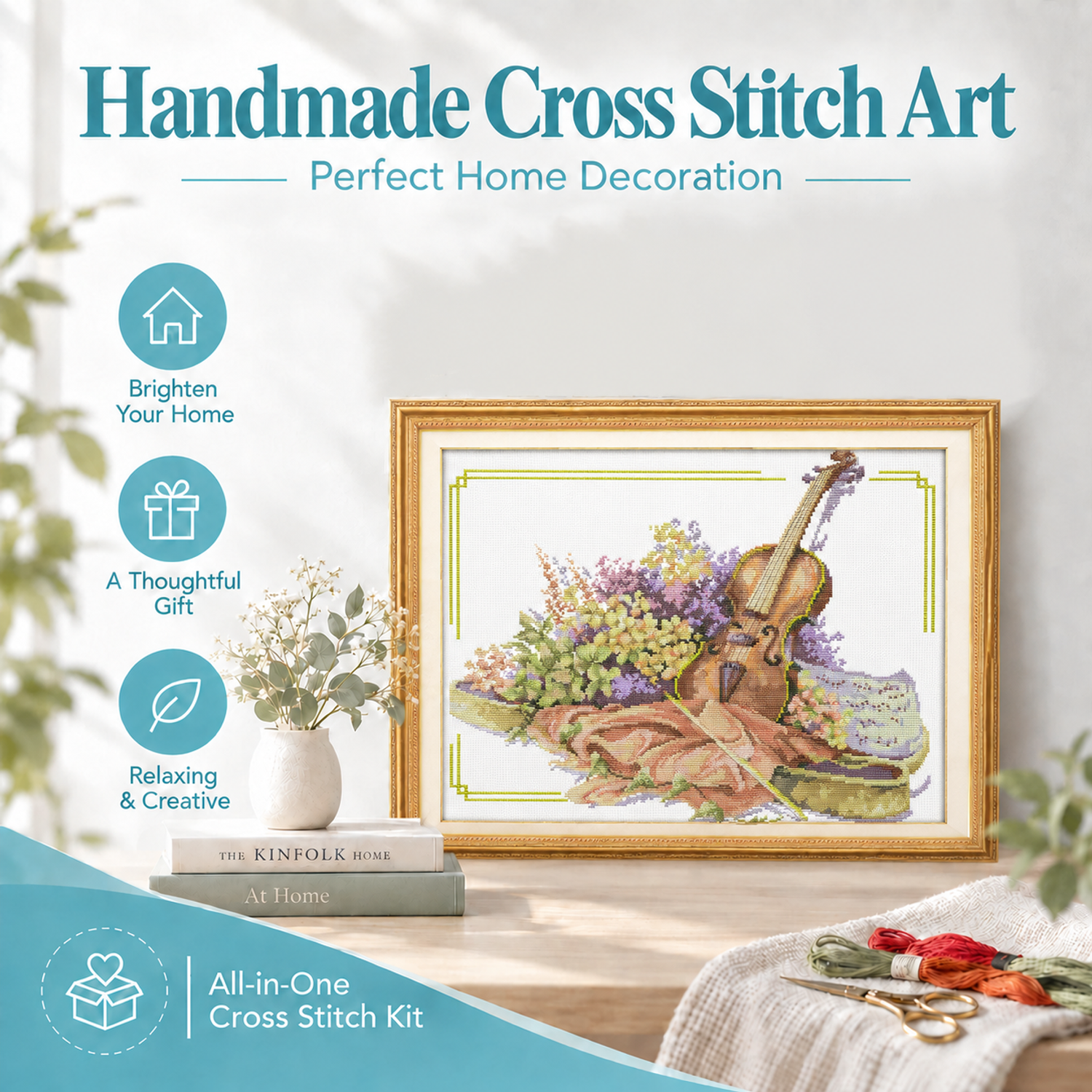 The violin and flowers Premium Still Life Cross Stitch Embroidery Kit, High Quality Supplies, Wall Art Decor 8 1 101