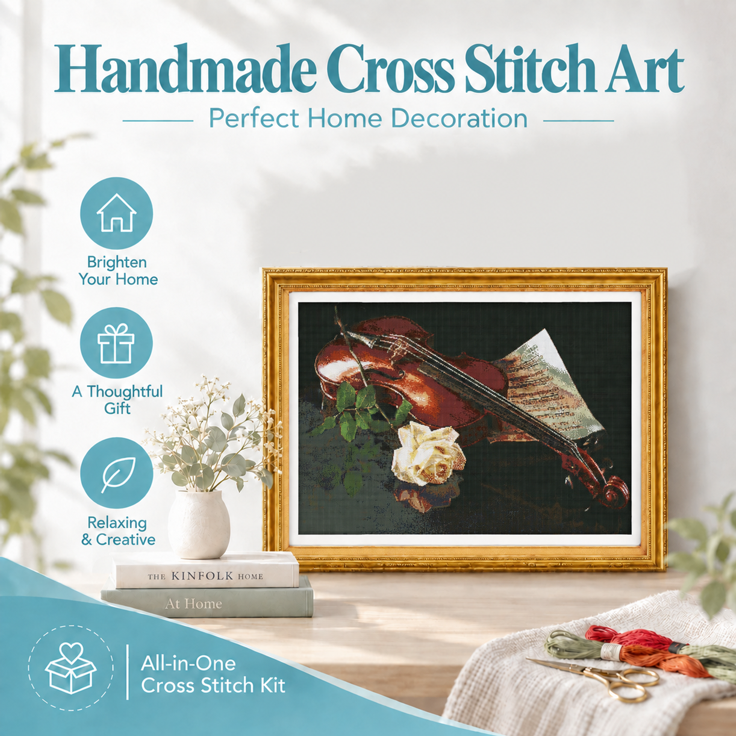 The violin and the white rose Still Life Cross Stitch Kit, Beautiful Composed Still Life, Relaxing Handwork Hobby 8 1 102