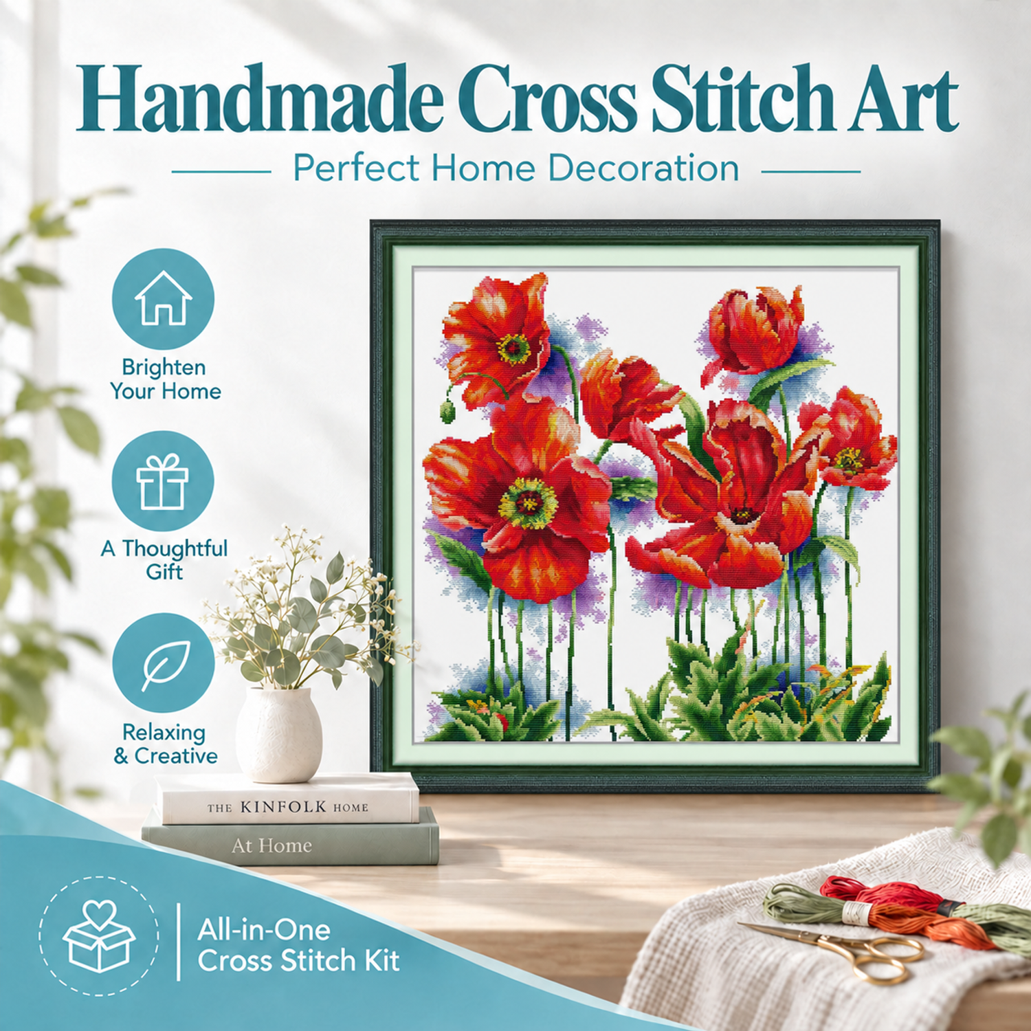Poppy Flower Embroidery Cross Stitch Starter Kit, Simple Floral Pattern, Handmade Home Wall Decoration 7 1 105