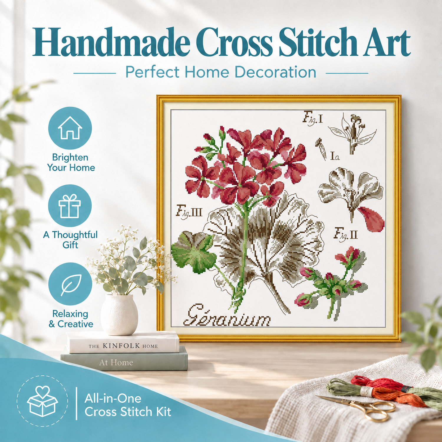 Geranium All-in-One Floral Cross Stitch Kit, Beginner Friendly Embroidery Supplies, Home Wall Art Decor 7 1 106