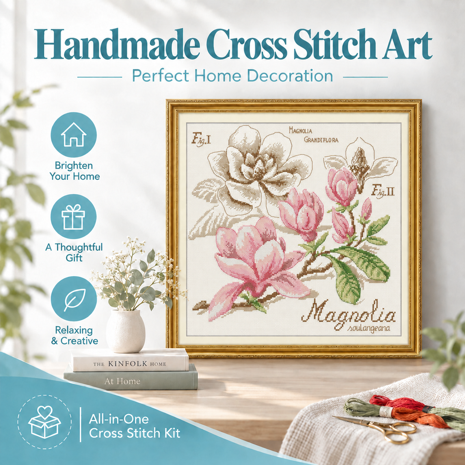 Magnolia Easy Floral Hand Embroidery Cross Stitch Kit for Adults, DIY Wall Hanging Art for Home Decor 7 1 107