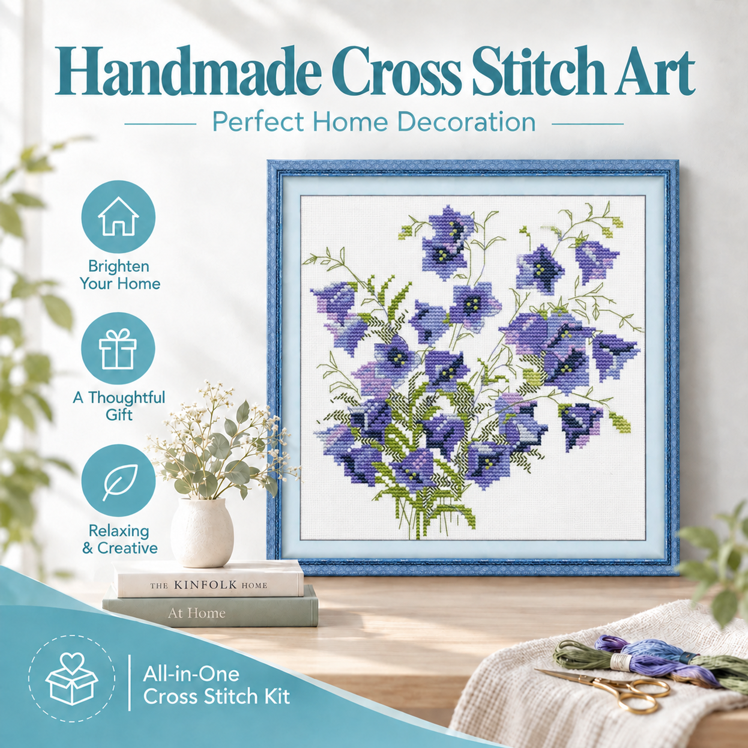 Purple bellflower Botanical Flower Cross Stitch Embroidery Kit, Relaxing Hobby Craft, Home Wall Art Decor 7 1 111