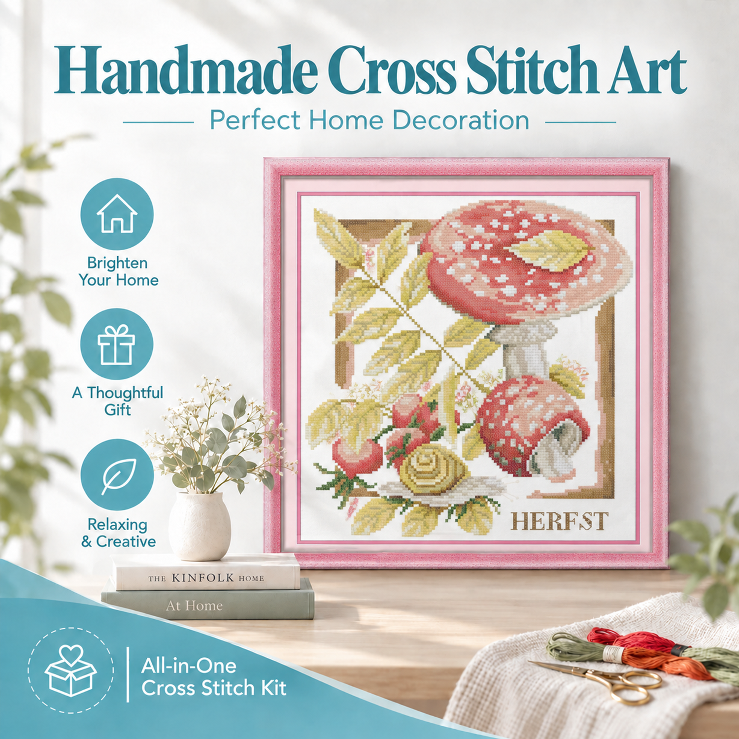 Snail and Mushroom Animal Cross Stitch Kit for Hobby Lovers, Simple Animal Motif, Home Wall Art Decor 7 1 113