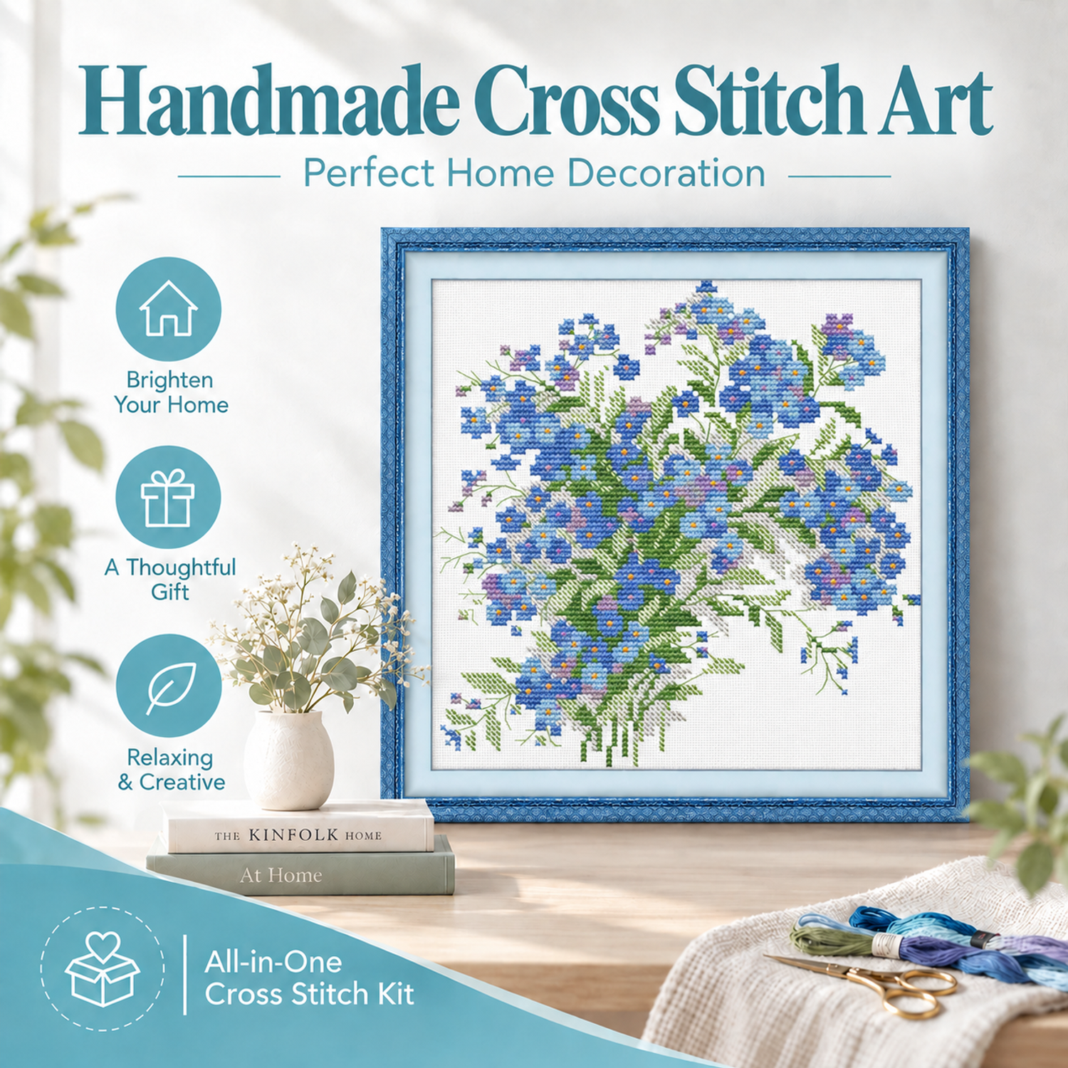 Forget-me-not Floral Bouquet Cross Stitch Embroidery Kit, Complete Set for Adult New Stitchers, Wall Decor 7 1 114