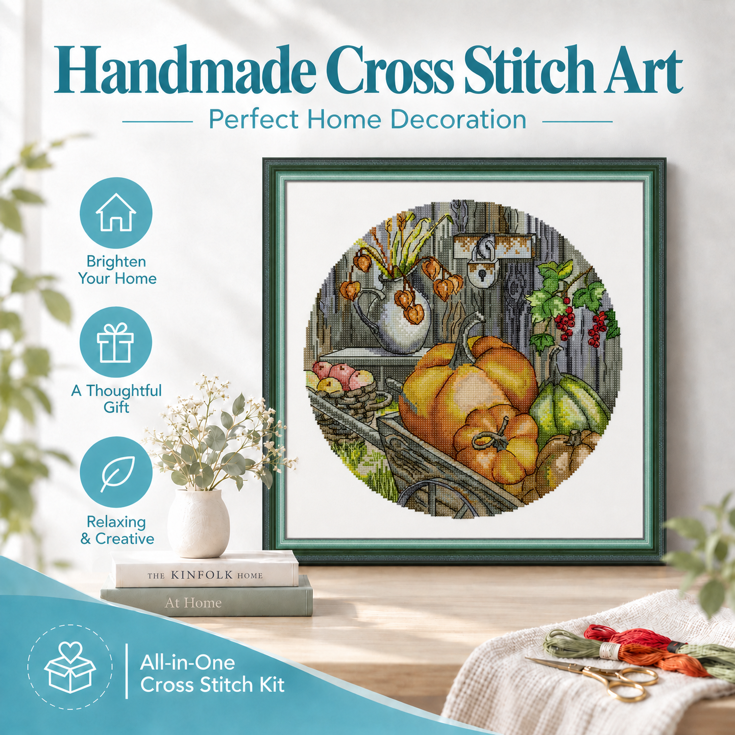 Pumpkins Floral Bouquet Cross Stitch Embroidery Kit, Complete Set for Adult New Stitchers, Wall Decor 8 1 120