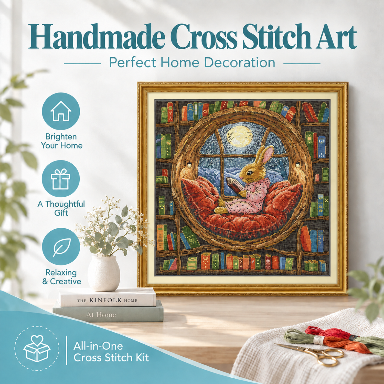 The Little Rabbit in the Library Minimalist Animal Cross Stitch Kit, Simple Creature Design, Home Wall Decoration 7 1 121