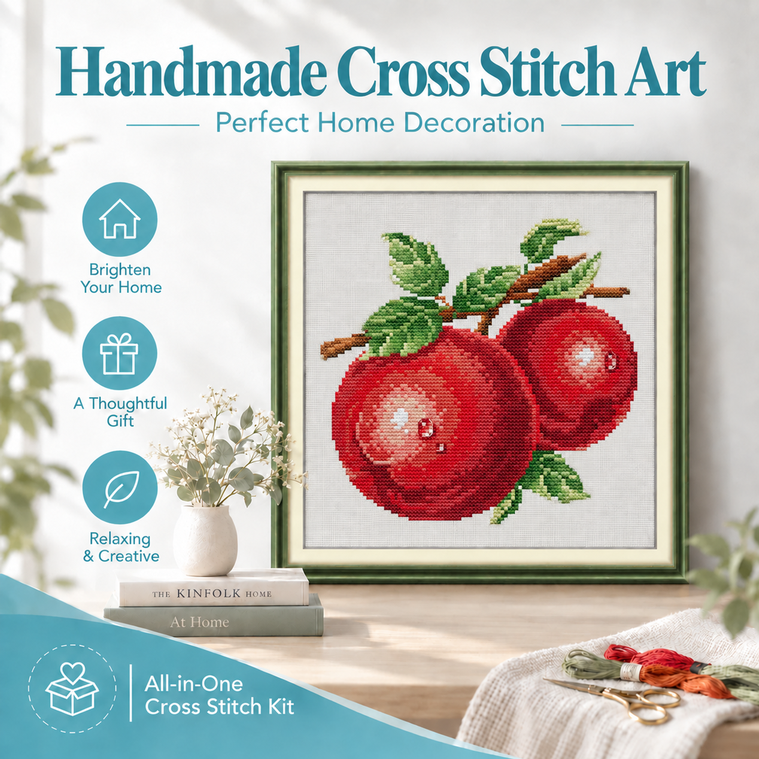 Water-drop apples Casual Still Life Cross Stitch Kit, Simple Everyday Objects, Home Wall Decoration 8 1 125