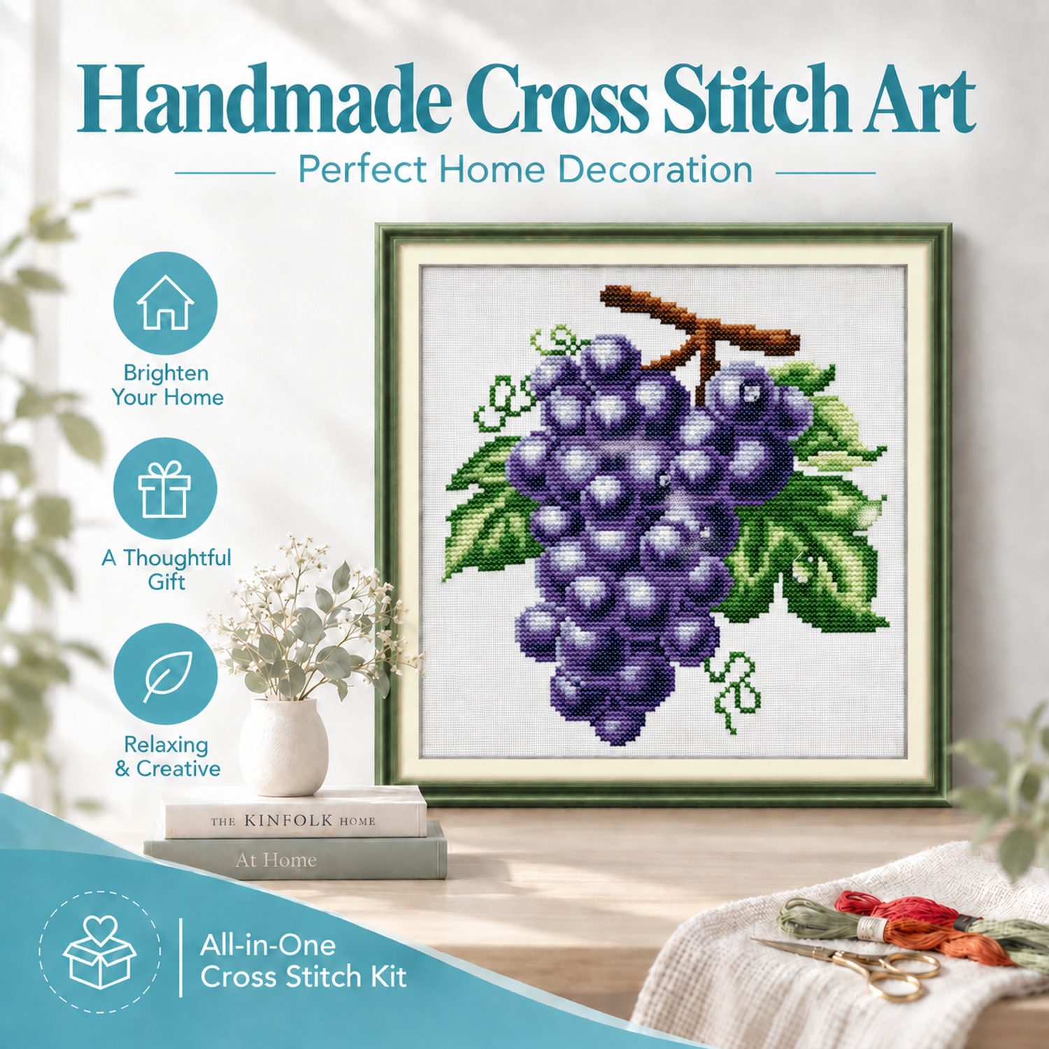 Water-drop grape Still Life Cross Stitch Embroidery Kit, Handmade Table Scene Art, Living Room Wall Decor 8 1 126