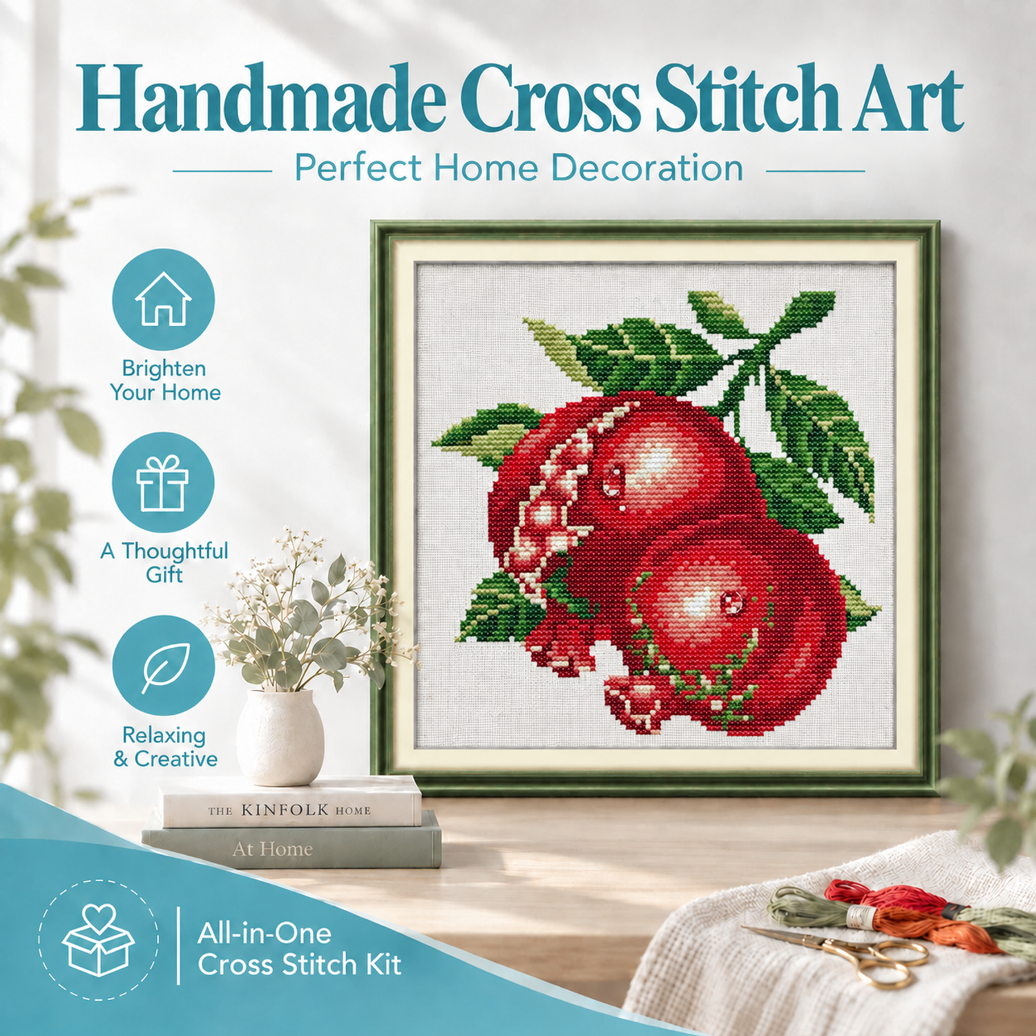 Water-drop pomegranates Still Life Cross Stitch Embroidery Kit for Adult Beginners, Timeless Table Object Art, Home Wall Decor 8 1 128