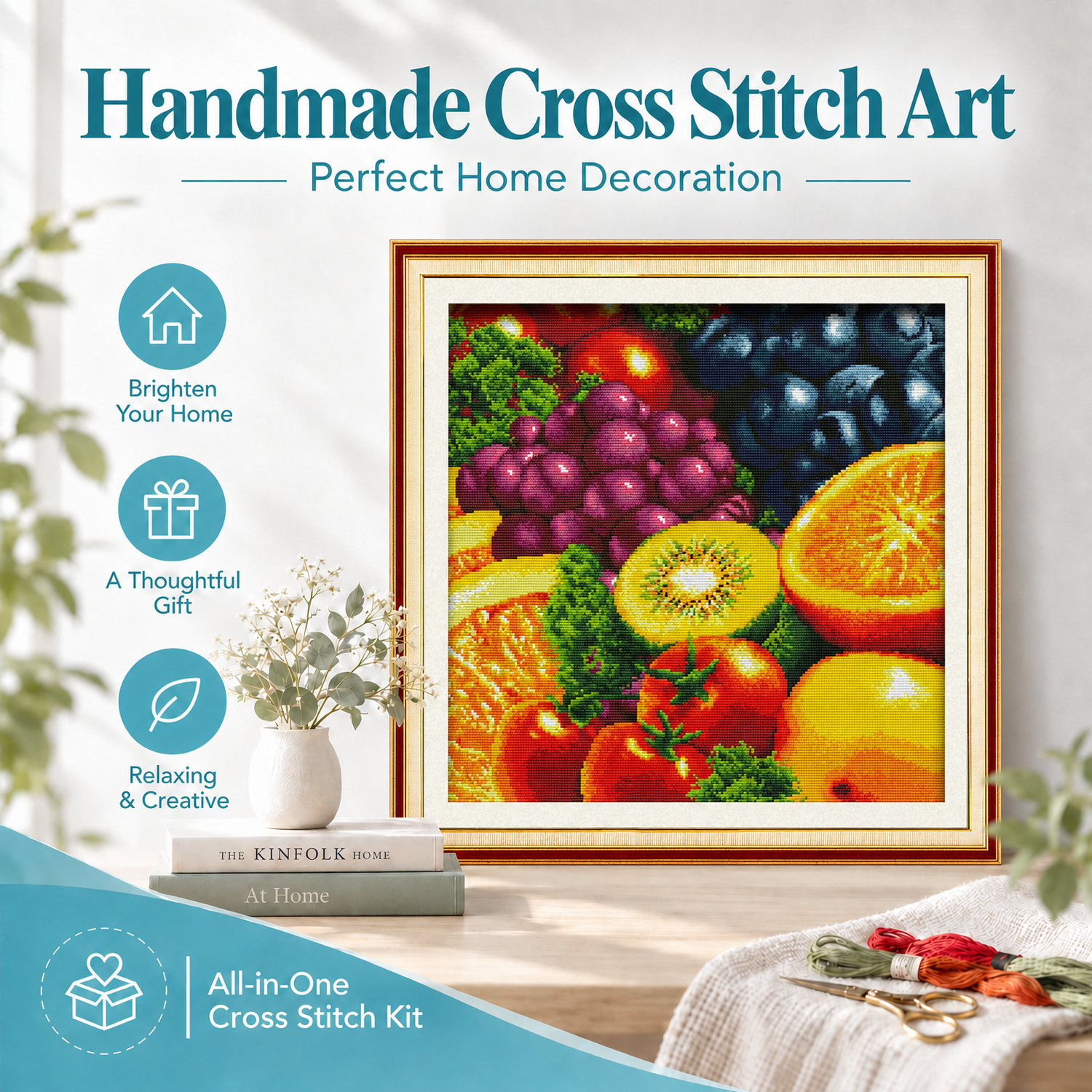 Fruits DIY Still Life Cross Stitch Kit, Easy Stamped Fabric, Handmade Still Life Wall Hanging 8 1 129