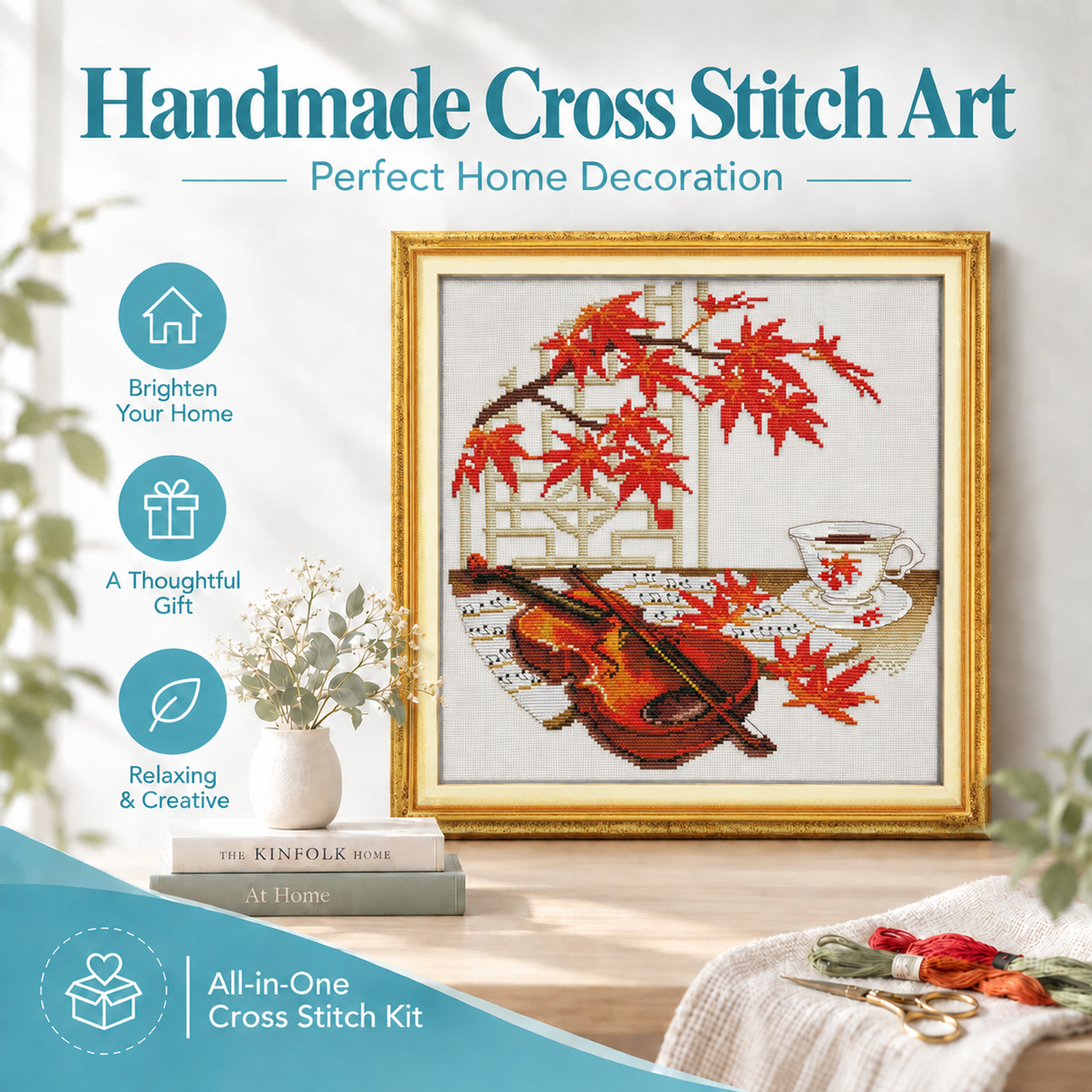 Violin All Inclusive Still Life Cross Stitch Embroidery Starter Kit, Beginner Needlework Supplies 8 1 130