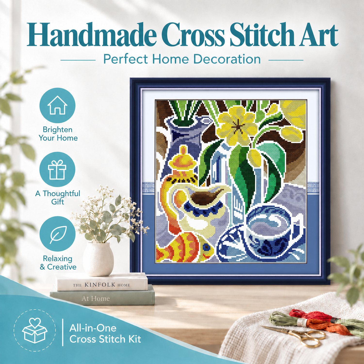 Flowers in the blue and white porcelain Simple Still Life Cross Stitch Embroidery Kit for Adults, Leisure Hobby Wall Art Decor 8 1 132
