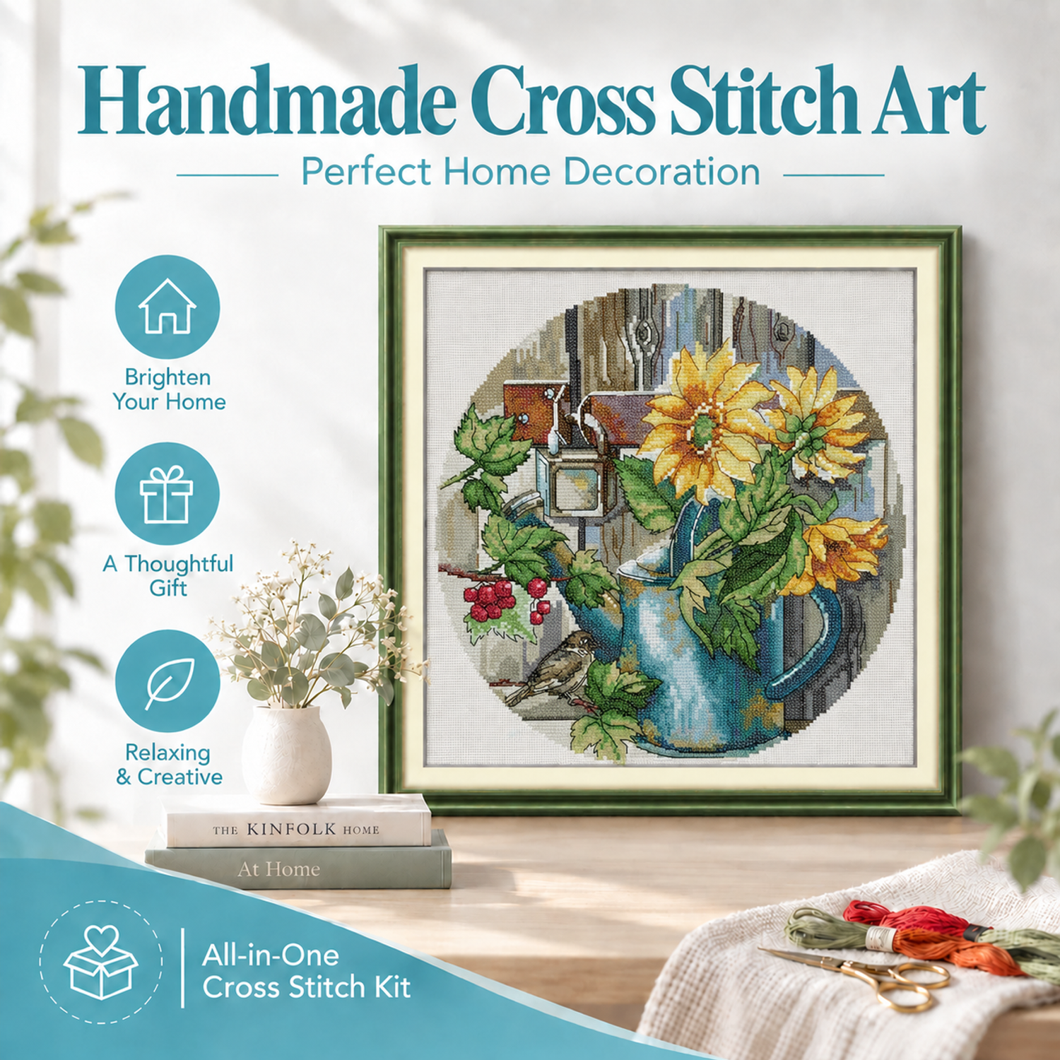 Sunflowers Printed Floral Cross Stitch Embroidery Kit for Adult Beginners, Simple Home Wall Art Decor 8 1 133