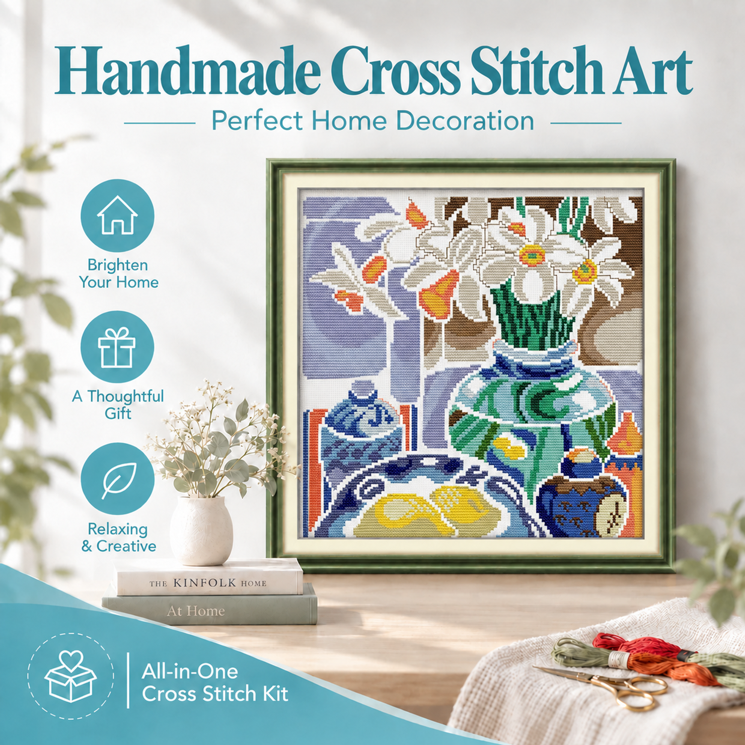 Flowers in the blue and white porcelain Pre-Printed Still Life Cross Stitch Embroidery Kit, Table Object Pattern, No Counting 8 1 134