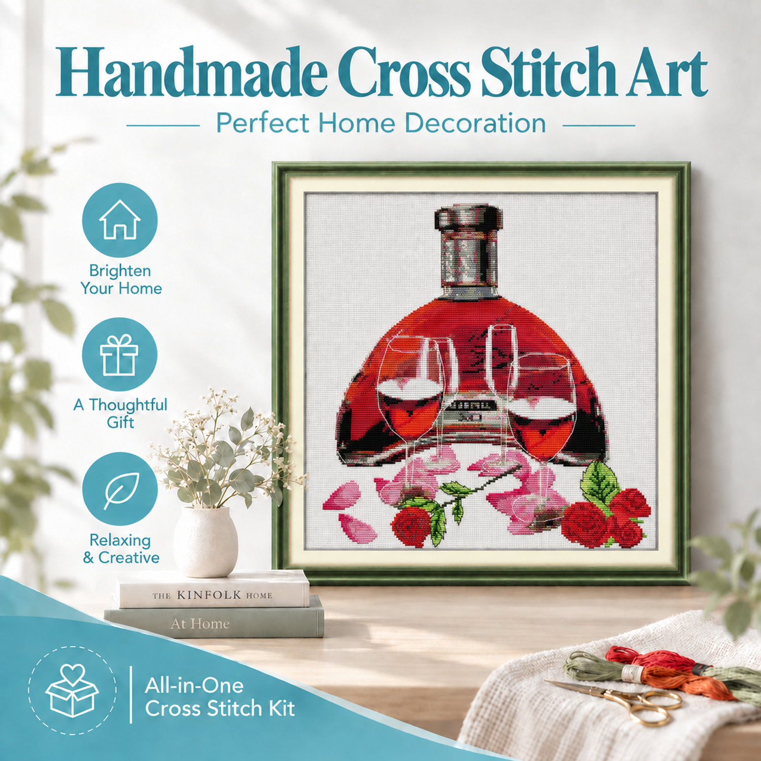 Roses red wine Beginner Still Life Cross Stitch Embroidery Kit, Easy Pattern with Full Instructions 8 1 138