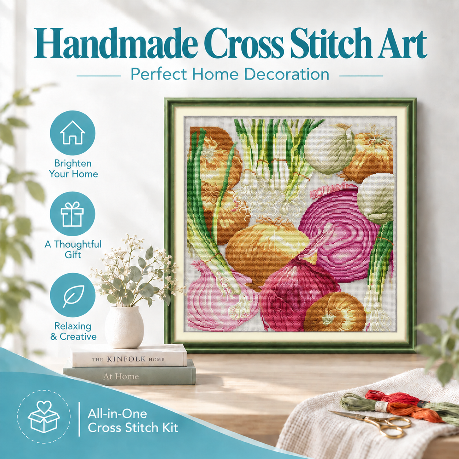 Onion Hand Stitch Still Life Cross Stitch Kit, Elegant Table Scene Art, Home Wall Decoration 8 1 139