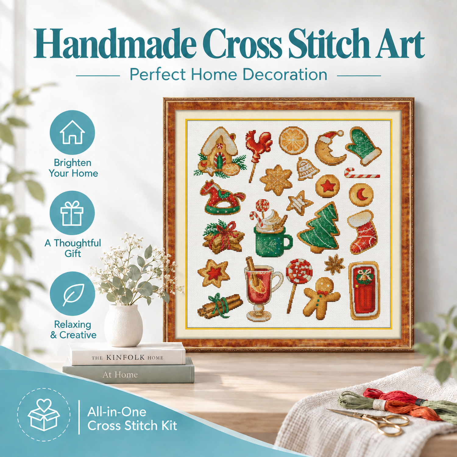 Christmas Gingerbread Photo Gallery Still Life Cross Stitch Embroidery Kit for Adult Beginners, Easy DIY Needlework Craft, Home Wall Art Decor 7 1 14