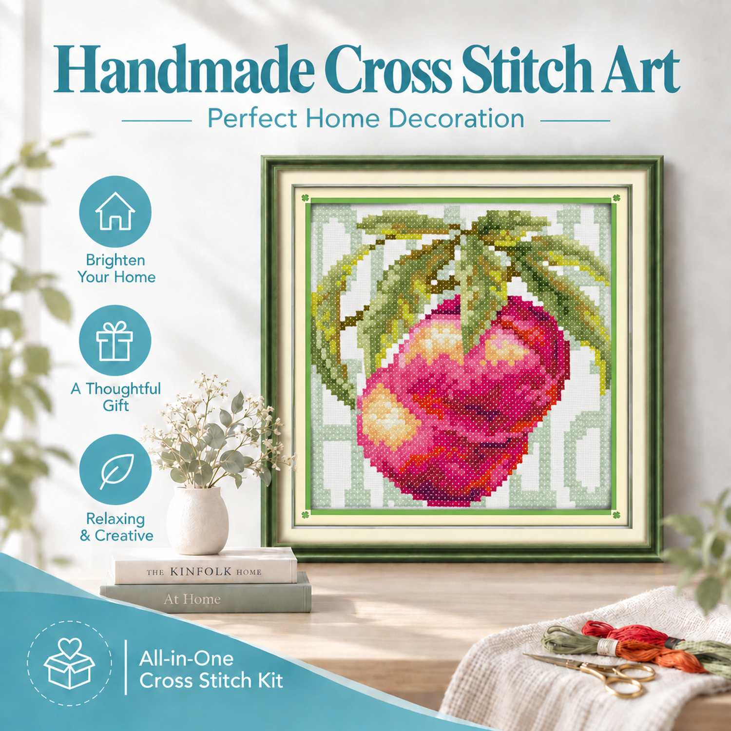 Colored fruit-peach Stamped Fabric Still Life Cross Stitch Embroidery Kit, Friendly for New Adult Stitchers 8 1 140