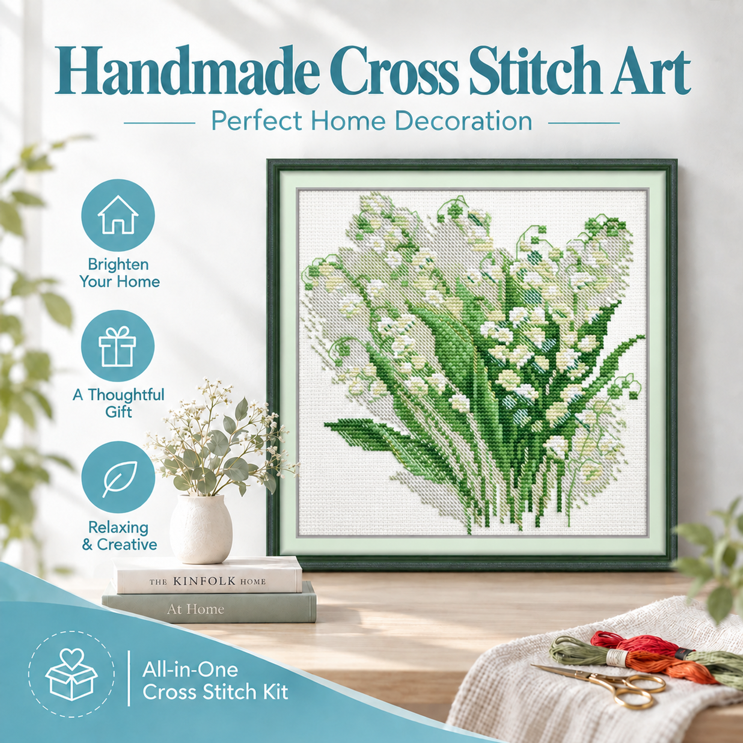 White lily of the valley Floral Cross Stitch Embroidery Kit, Handmade Floral Needlework Art, Home Wall Hanging 7 1 142