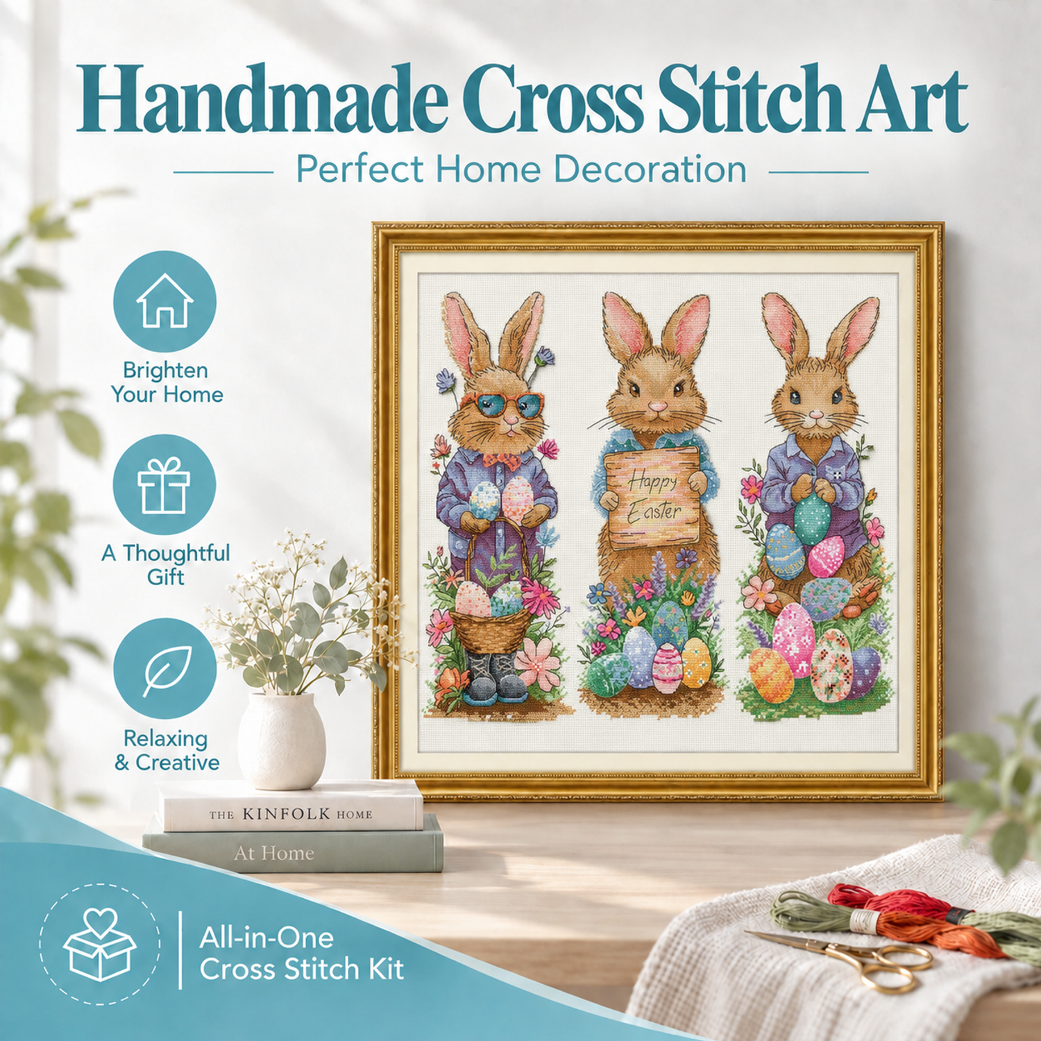 Three little rabbits at Easter Traditional Wildlife Cross Stitch Kit, Timeless Classic Animal Pattern, Living Room Wall Art 7 1 144