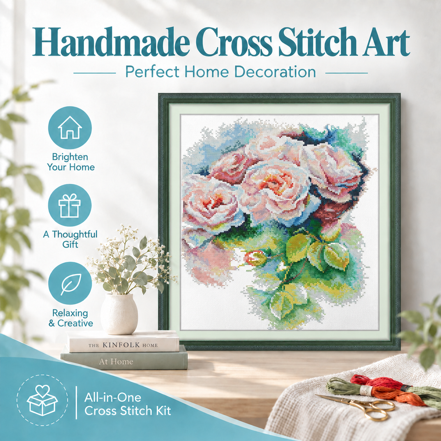 Pink rose Floral Cross Stitch Embroidery Kit, Gentle Mixed Flower Pattern, Adult Beginner Art 7 1 146