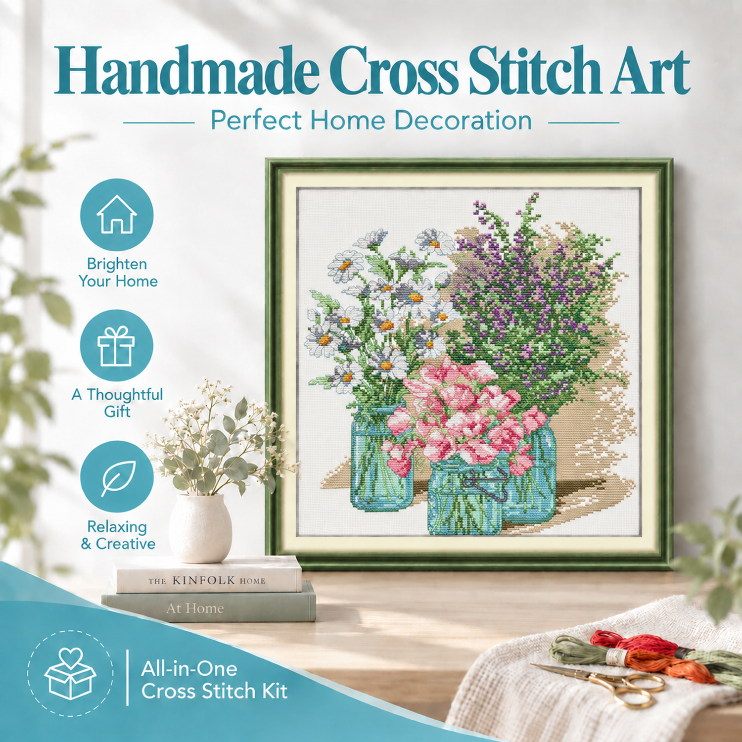 Three vase of flowers 2 Floral Wreath Cross Stitch Embroidery Starter Kit, Easy Needlework Project for Adult Beginners 8 1 147