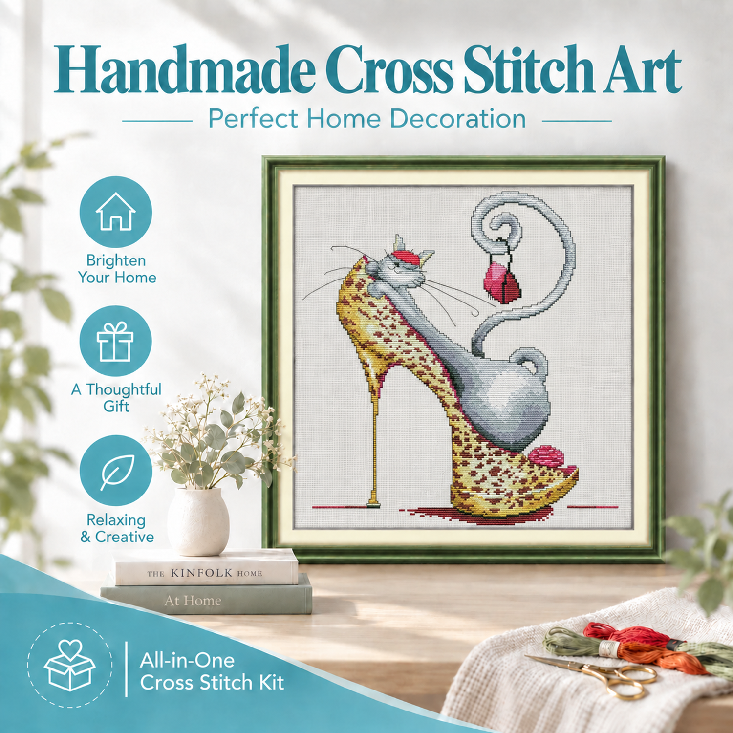 Fashion high heels and a cat Simple Still Life Cross Stitch Starter Kit, Adult Creative Hobby, Handmade Wall Gift 8 1 148
