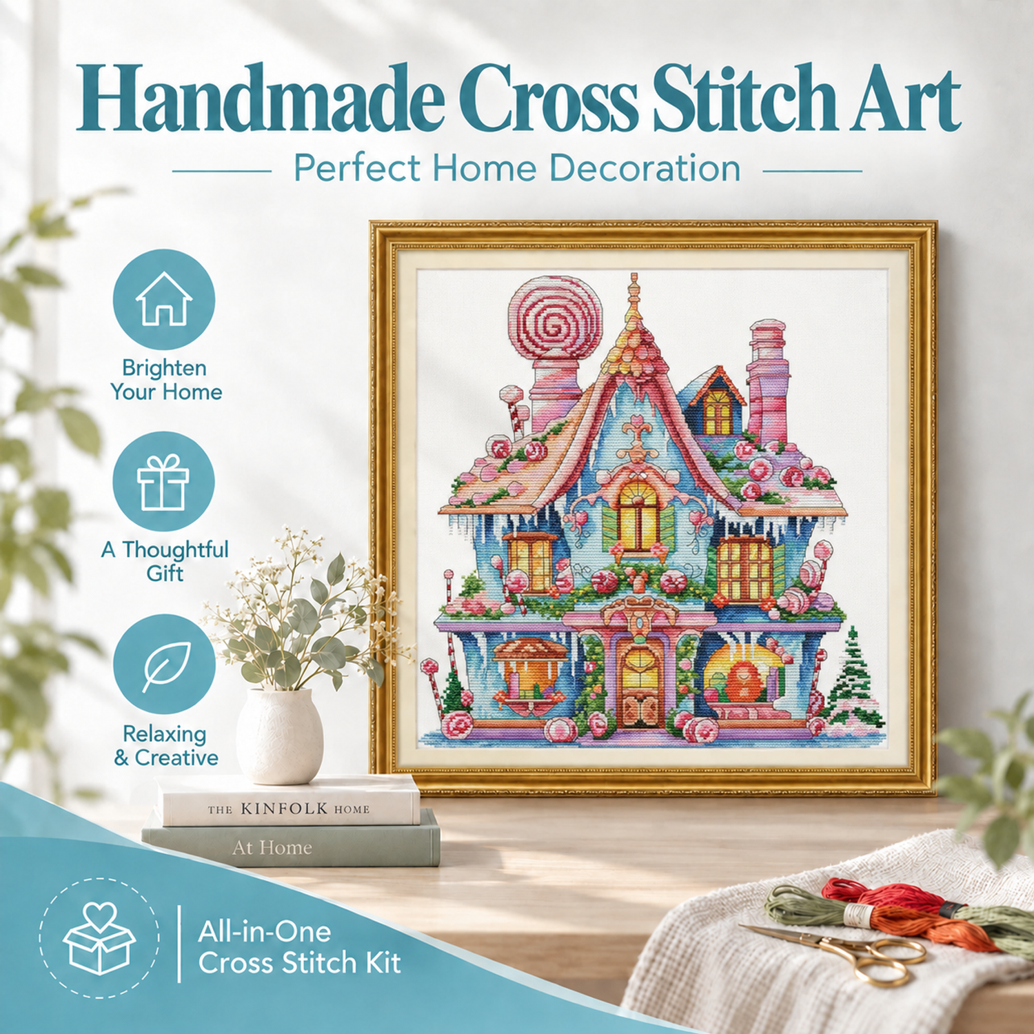 Candy Cottage Classic Still Life Cross Stitch Starter Kit, Simple Printed Pattern, Handmade Home Wall Decoration 7 1 15