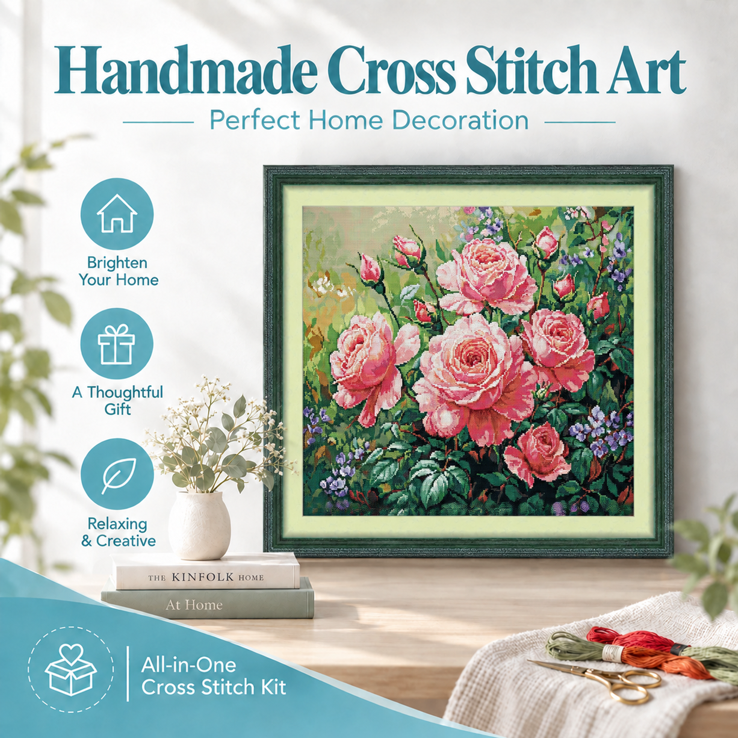 Pink rose Floral Cross Stitch Embroidery Kit, DIY Hand Stitch Floral Wall Hanging, Living Room Decor 7 1 152