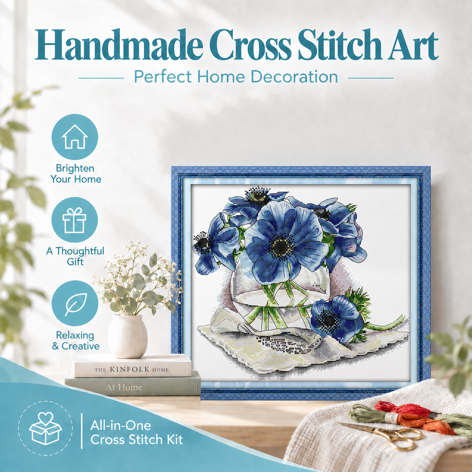 Anemone vase Wild Flower Cross Stitch Embroidery Kit, Handmade Floral Art, Bedroom Home Wall Decor 7 1 156