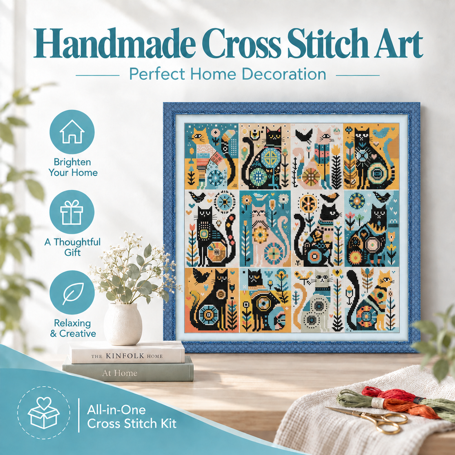 Twelve Black Cats Animal Cross Stitch Starter Kit, Printed Animal Design, DIY Handmade Wall Decor 7 1 157