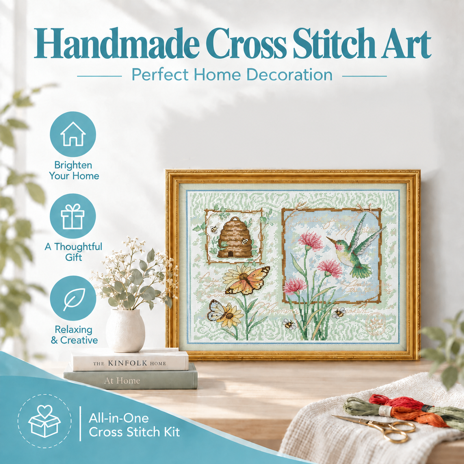 Nectar and Insects Floral Cross Stitch Embroidery Kit with Threads & Needles, Beginner Adults Craft Wall Art 7 1 160