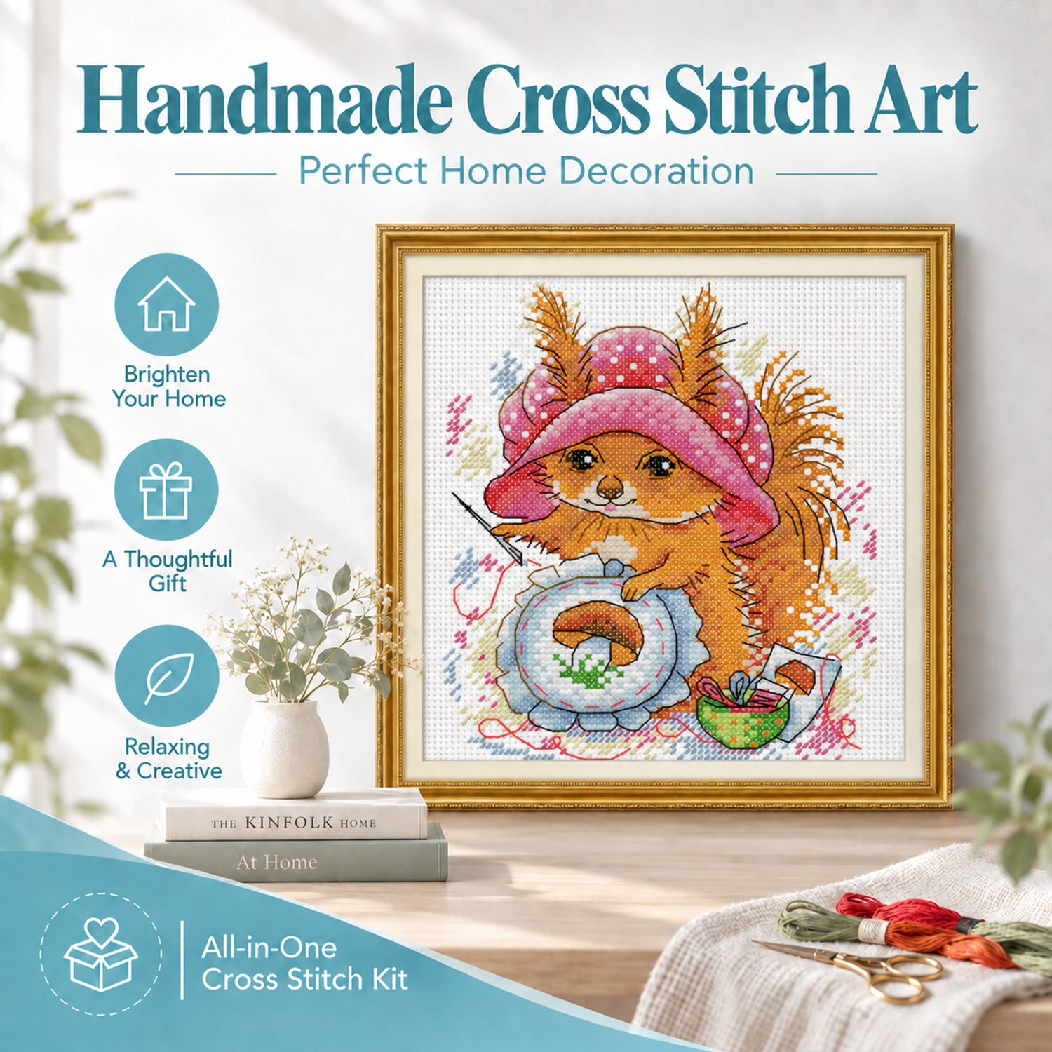 The Squirrel Who Loves to Embroider Warm Tone Animal Cross Stitch Embroidery Kit, Cozy Creature Scene, Adult Craft Kit 7 1 166