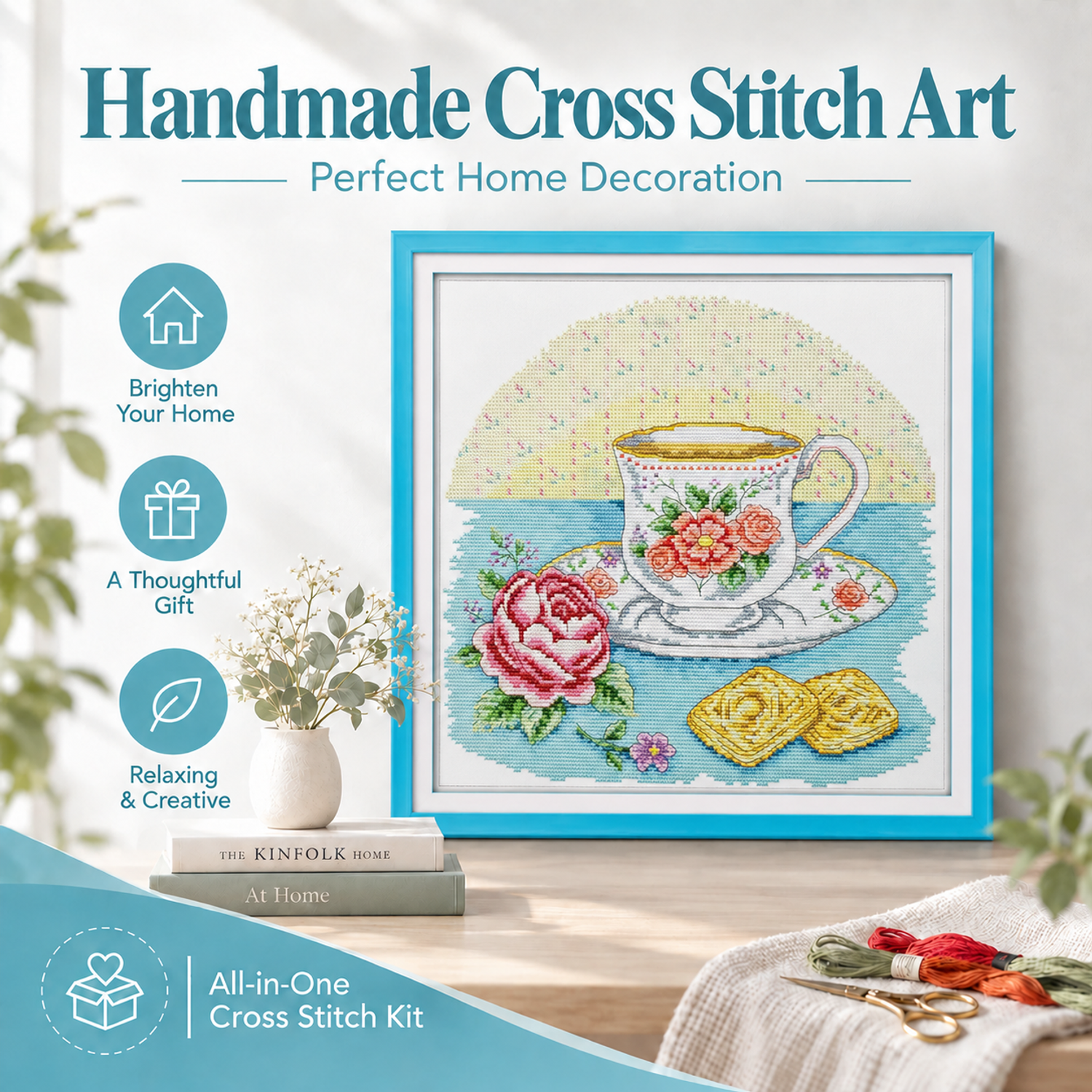 Afternoon tea time All-in-One Still Life Cross Stitch Kit, Beginner Friendly Embroidery Supplies, Wall Art Decor 7 1 17