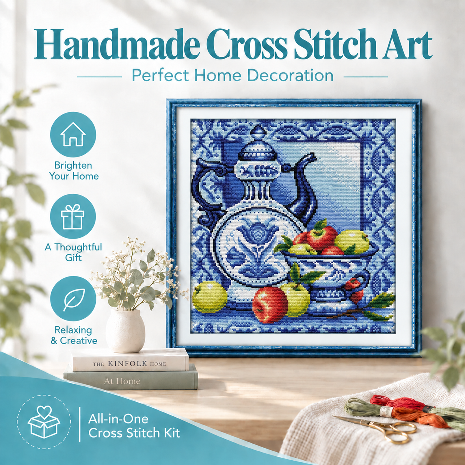Blue and white porcelain Vintage Table Still Life Cross Stitch Embroidery Kit, Retro Object Design, Wall Art 8 1 170