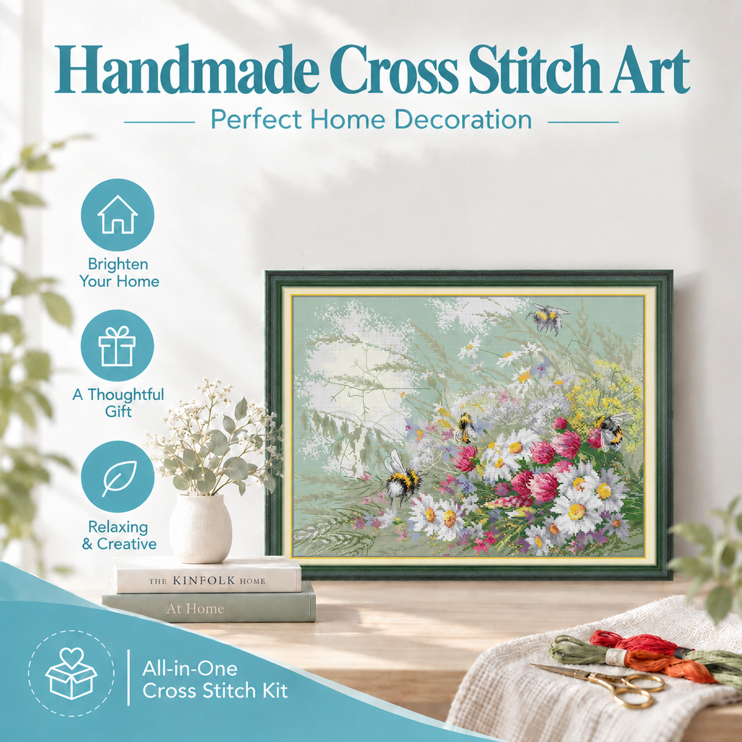 Daisies And Clover Mixed Flower Cross Stitch Embroidery Kit, Beginner Adult Needlework, Home Wall Decor 8 1 171