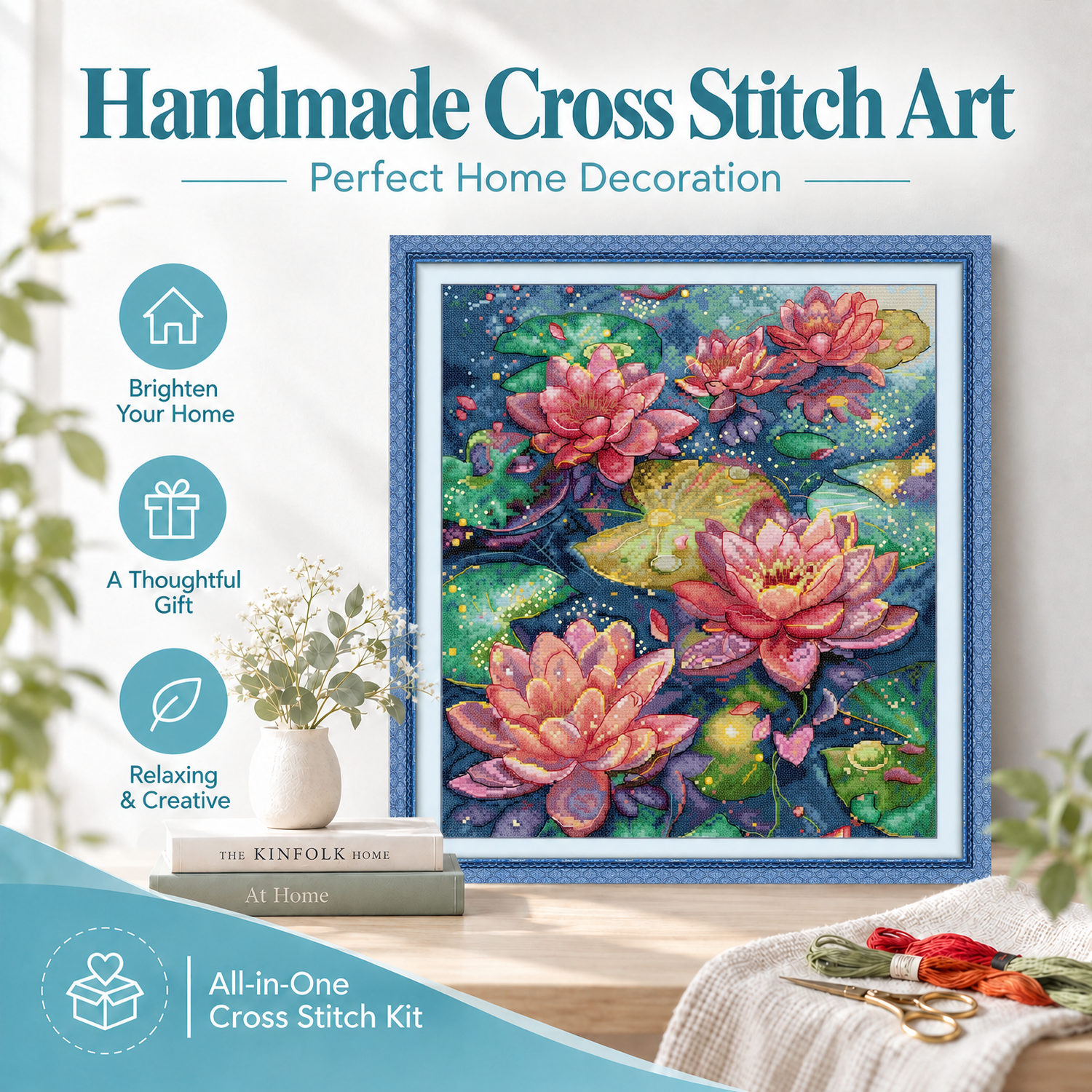 Water Lily Floral Cross Stitch Embroidery Kit, Complete Starter Floral Kit, Handmade Home Wall Decor 7 1 172