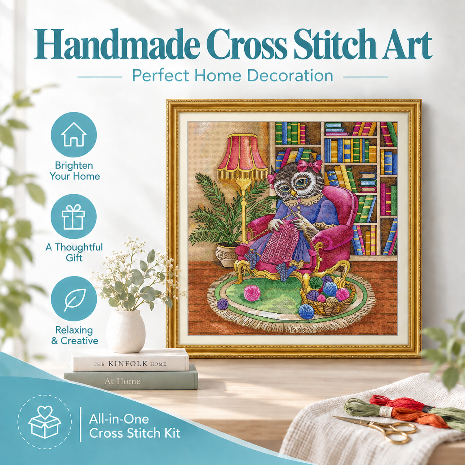 The Owl Who Loves to Knit Simple Animal Portrait Cross Stitch Kit, Easy Stitch Pattern, Home Wall Art Decoration 7 1 175
