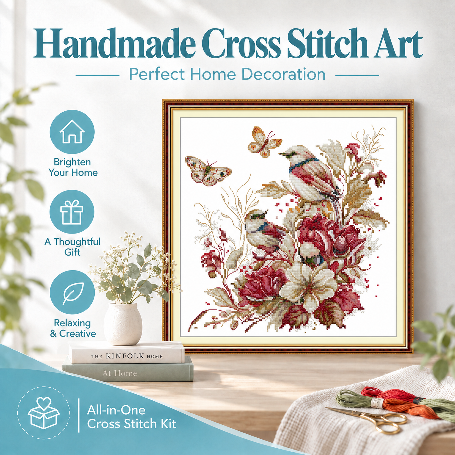 Autumn Bird Animal Cross Stitch Embroidery Kit, Complete Needle & Thread Set, New Stitchers 7 1 176