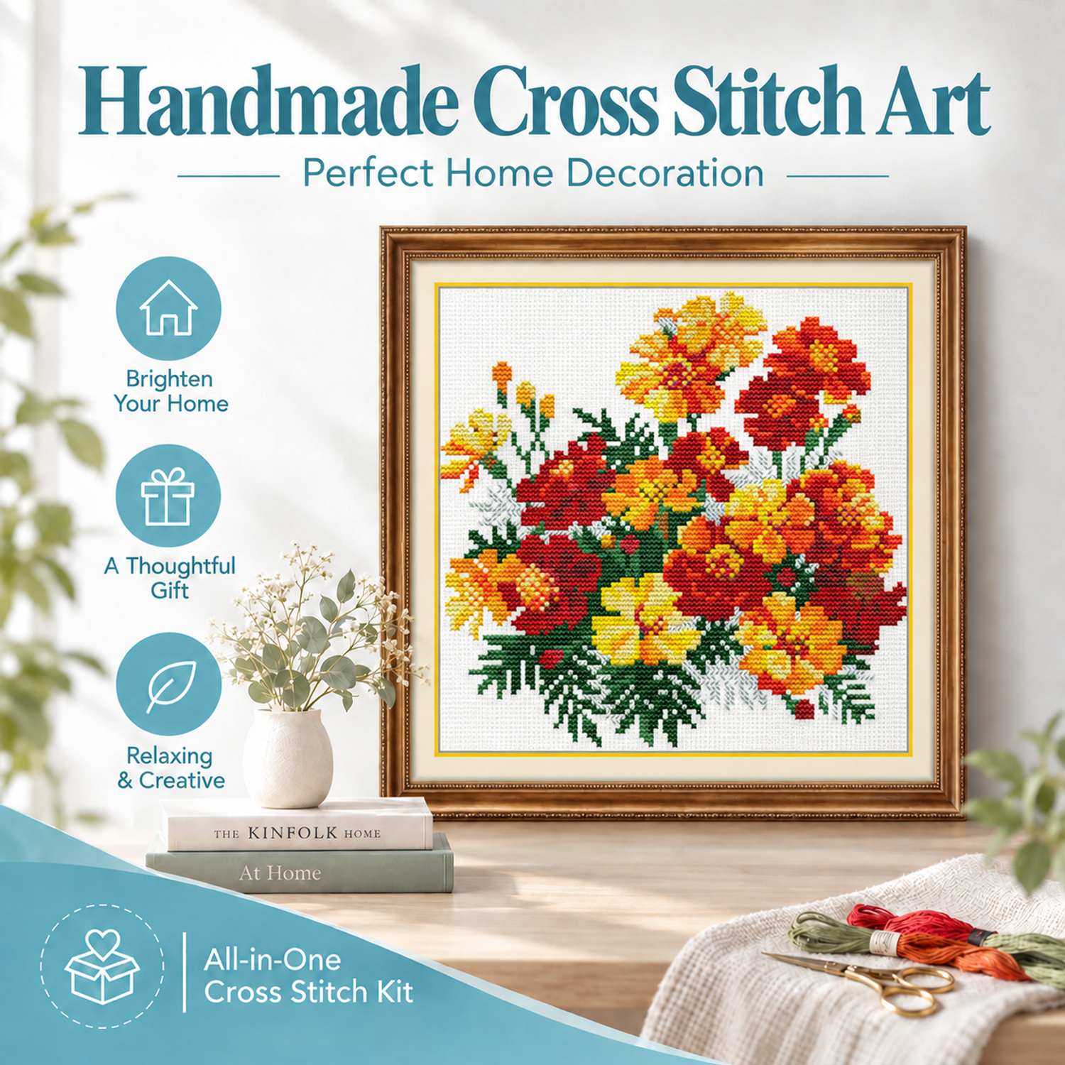 Little Yellow Flower Floral Cross Stitch Embroidery Kit, Elegant Floral Bouquet Needlework, Adult Craft Kit 7 1 178