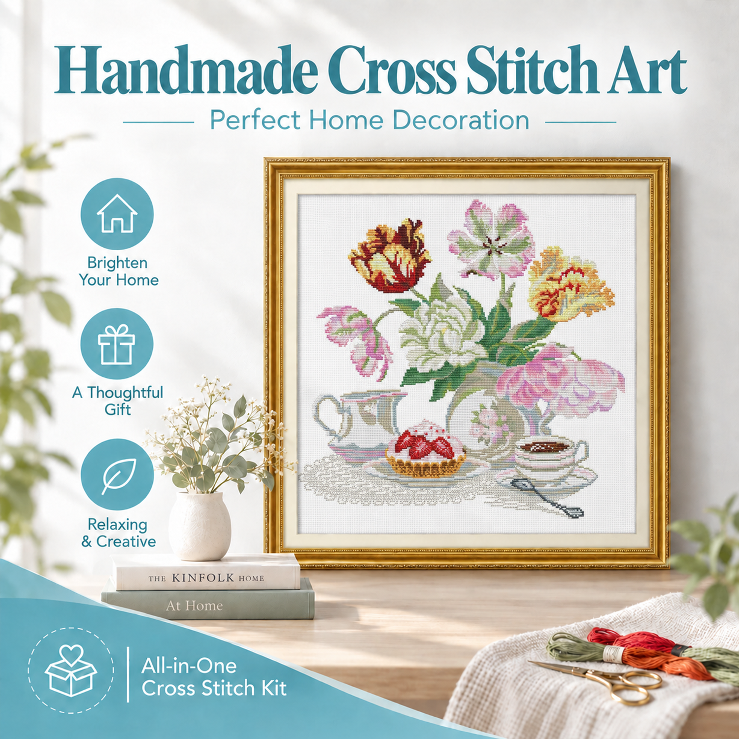 Afternoon tea dessert Easy Still Life Hand Cross Stitch Embroidery Kit for Adults, Relaxing Hobby Craft, Home Hanging Art 7 1 18