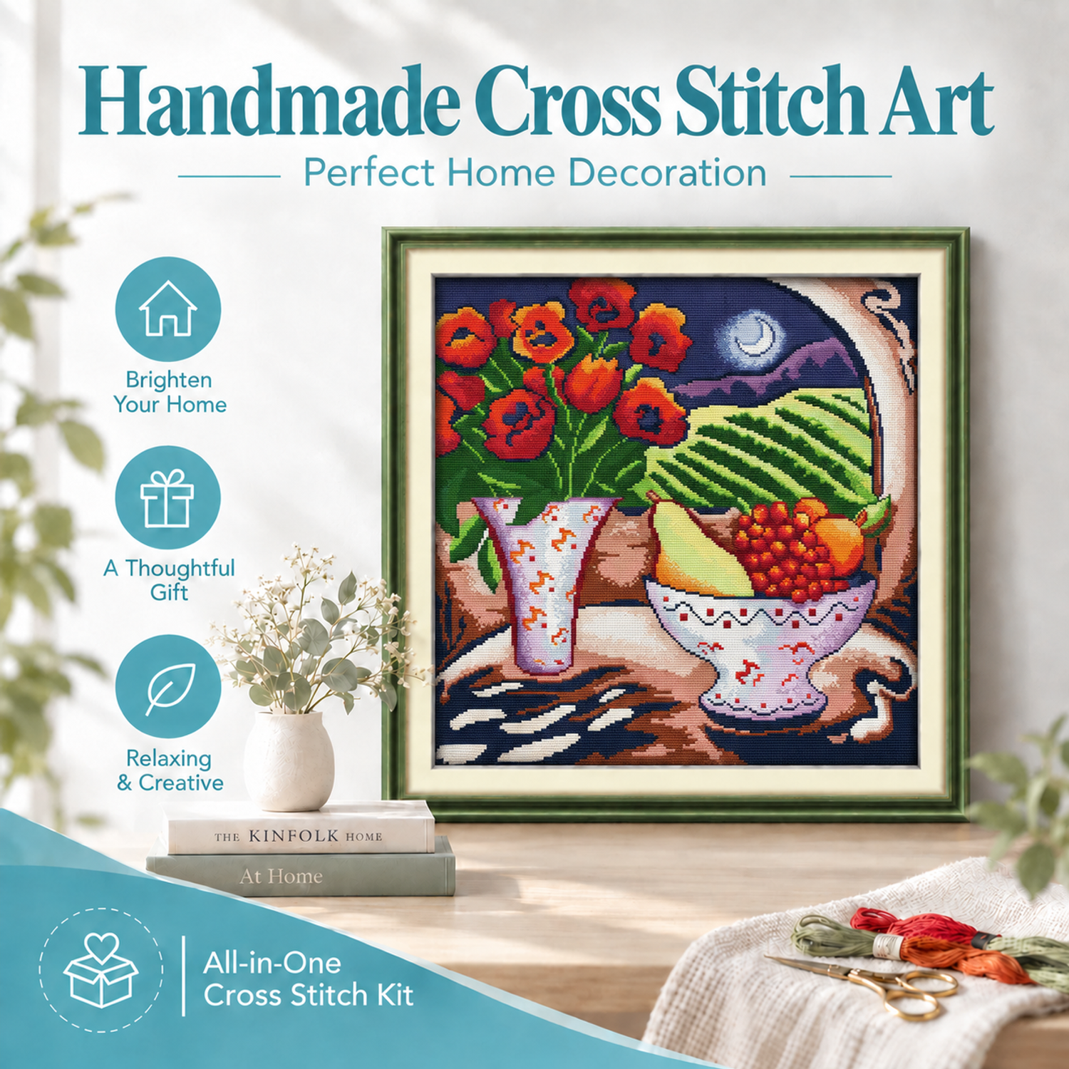 Vase&fruit under the moon DIY Table Scene Still Life Needlework Kit, Classic Still Life, Adult Leisure Craft 8 1 183