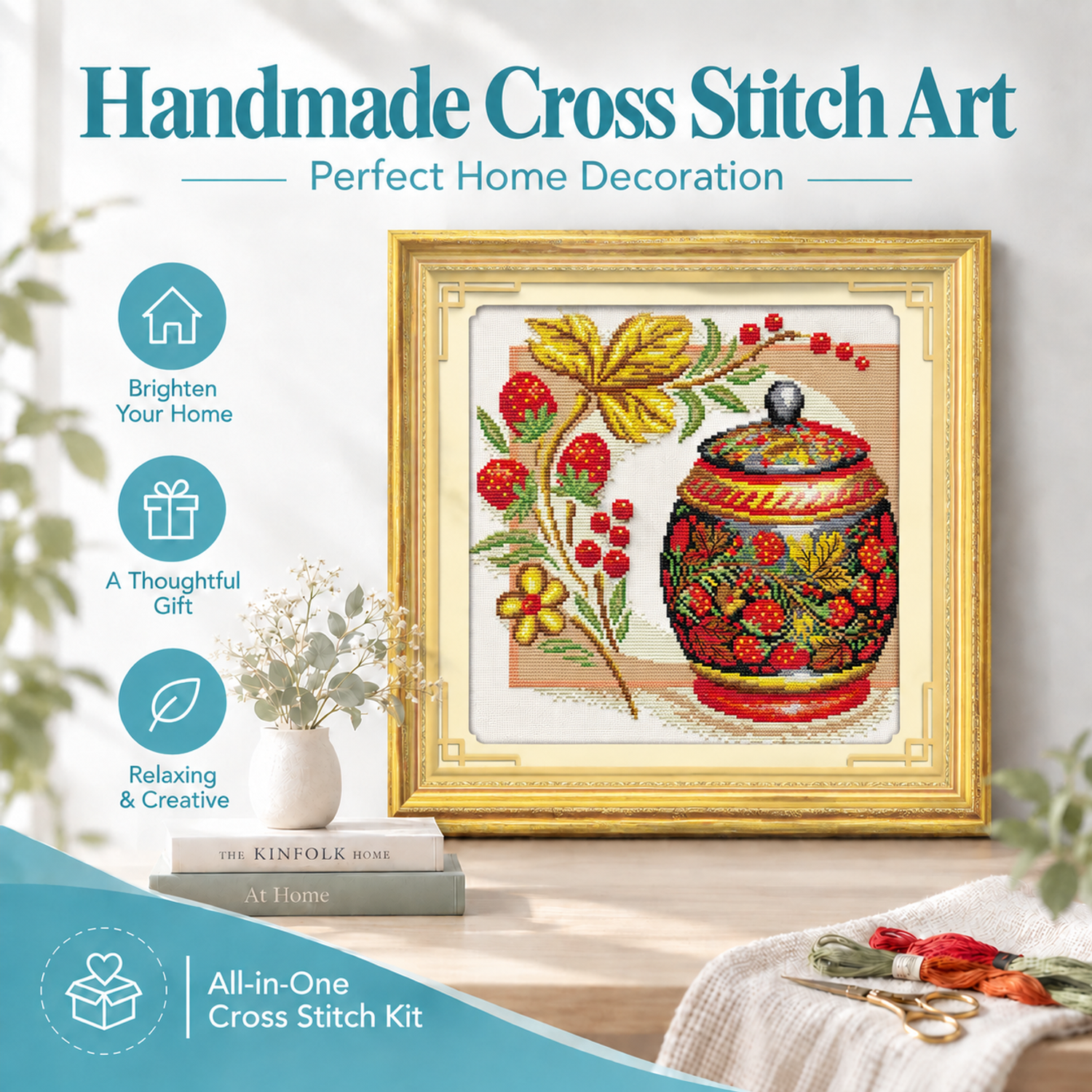 Coloured pottery Still Life Cross Stitch Embroidery Kit with Embroidery Hoop, Table Object Art Project 8 1 185