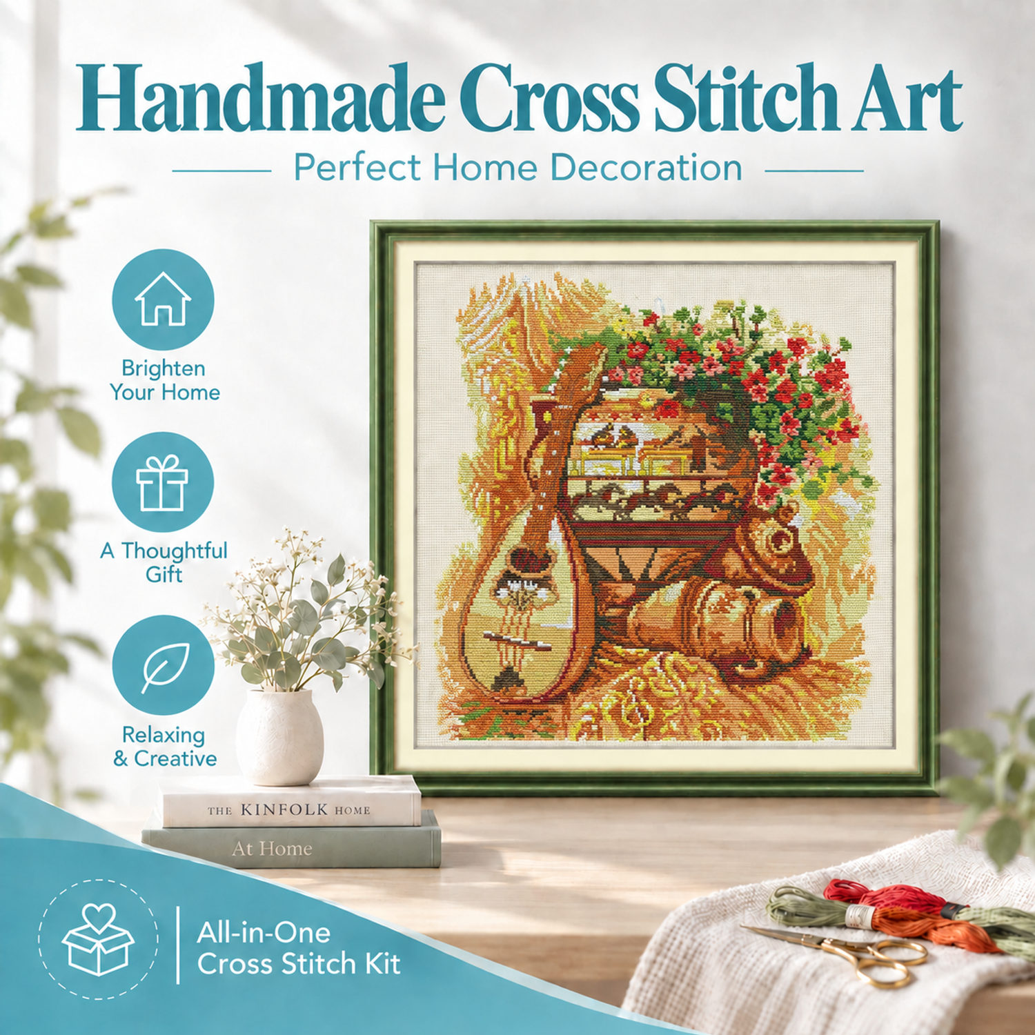 Clay pot and guitar Muted Pastel Still Life Cross Stitch Kit, Gentle Table Objects, Adult Beginner Decor 8 1 187