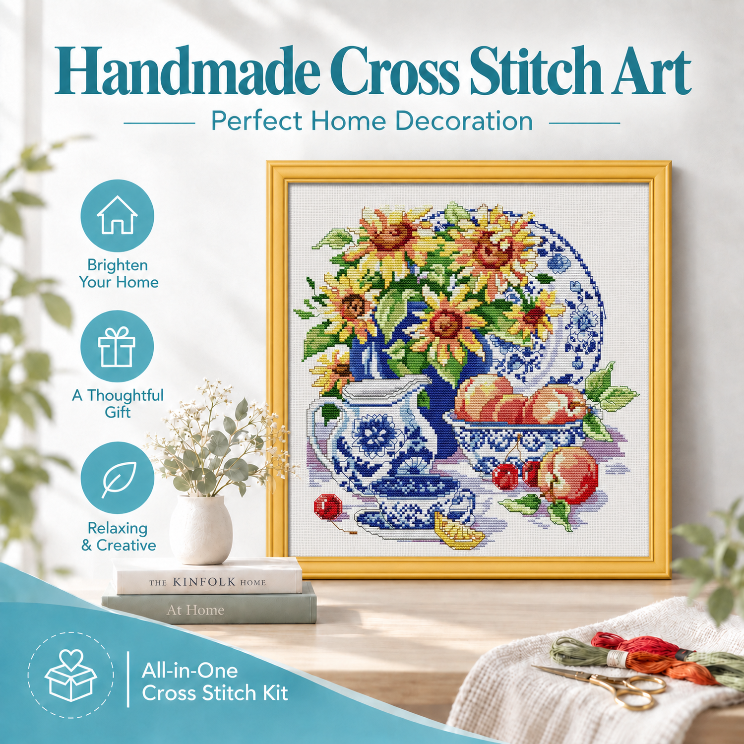Celadon sunflower Still Life Cross Stitch Embroidery Kit, Calming Handcraft, Elegant Home Wall Hanging 8 1 188