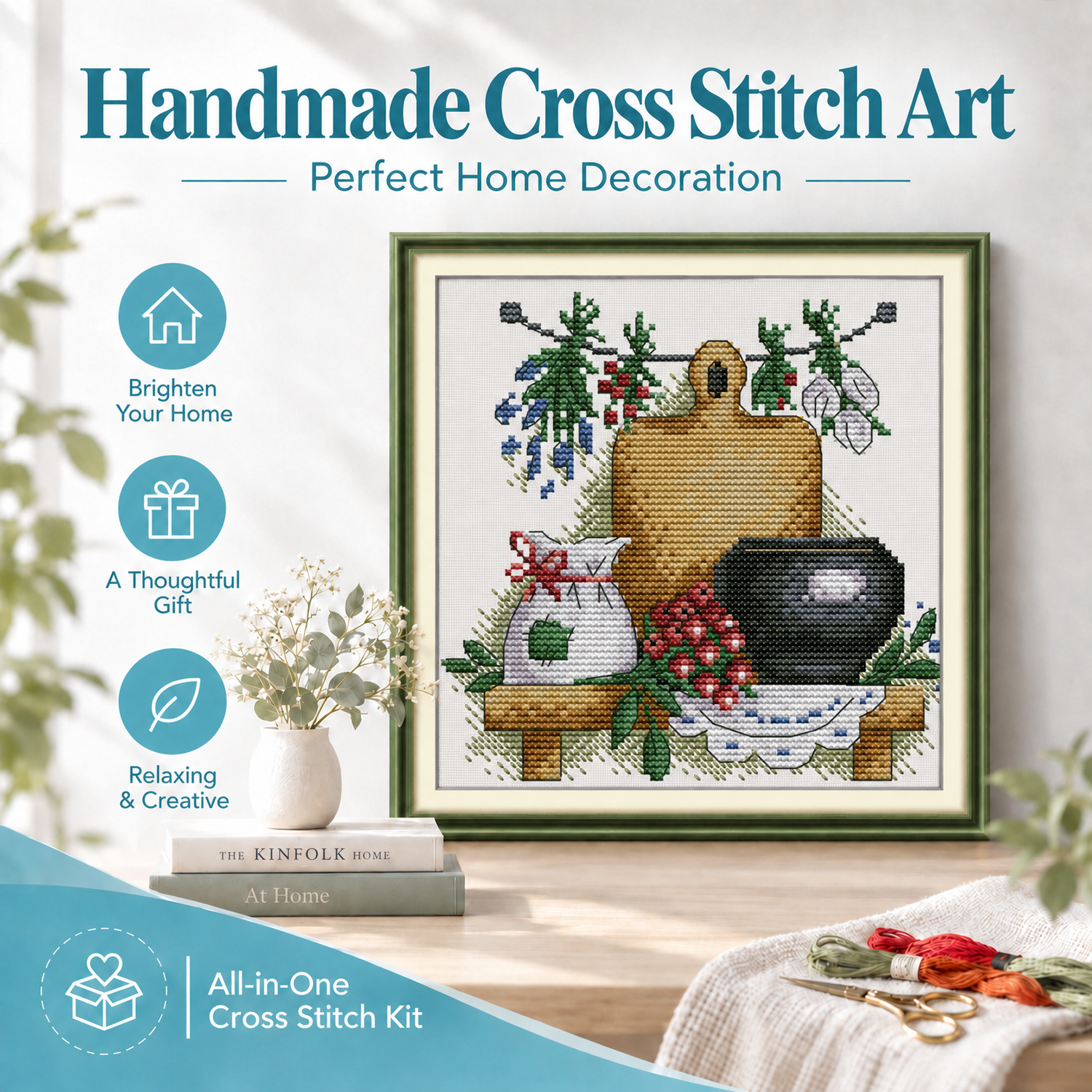 The teapot with flowers Farmhouse Still Life Cross Stitch Starter Kit, Rustic Table Objects, Easy DIY Art 8 1 189