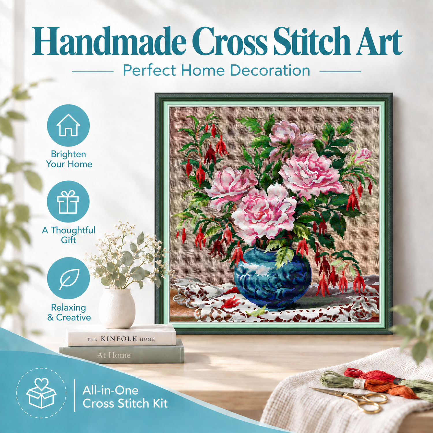 Roses and fuchsia Summer Garden Floral Cross Stitch Embroidery Kit, Adult Beginner Hand Stitch Wall Decor 8 1 190