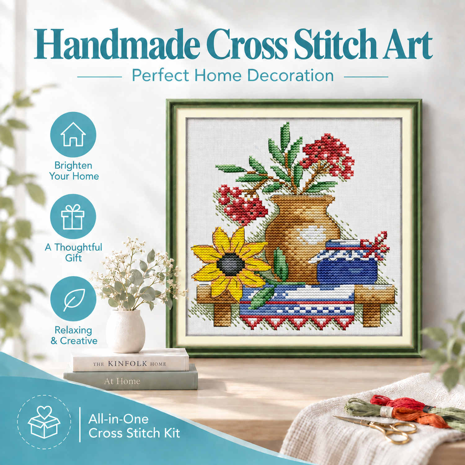The teapot with flowers Still Life Cross Stitch Kit for Craft Enthusiasts, Simple Still Life Motif, Wall Decor 8 1 191