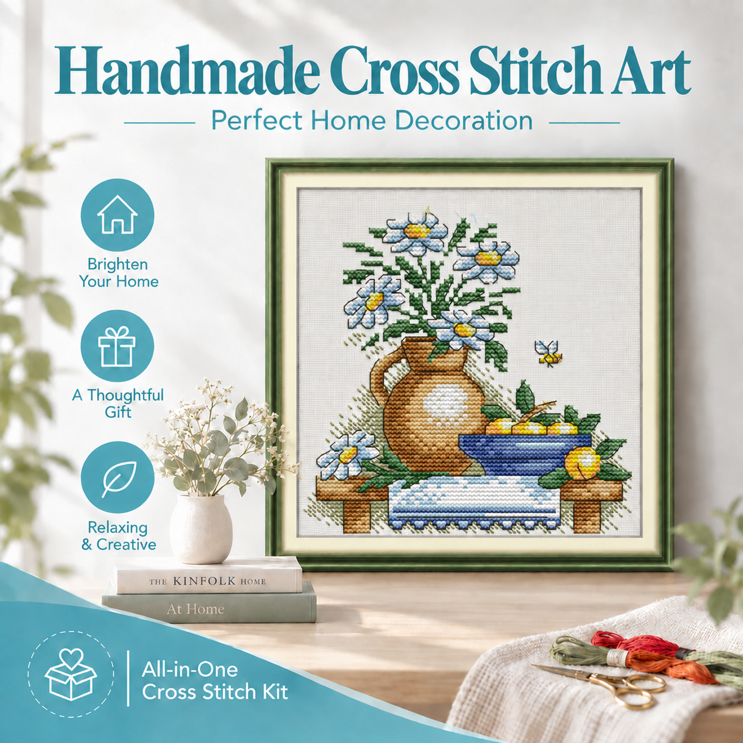 The teapot with flowers Hand Stitched Table Still Life Cross Stitch Embroidery Kit, Indoor Wall Art for Adults 8 1 192