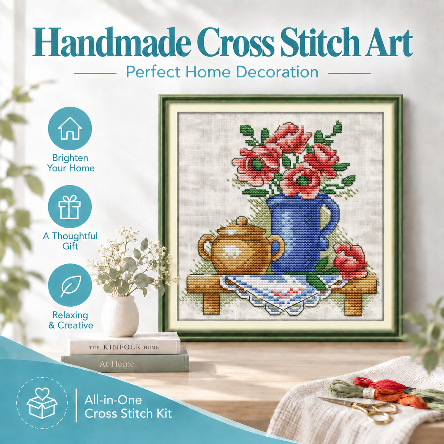 The teapot with flowers Still Life Cross Stitch Embroidery Kit, Full Craft Supplies Pack, Ready to Start 8 1 193